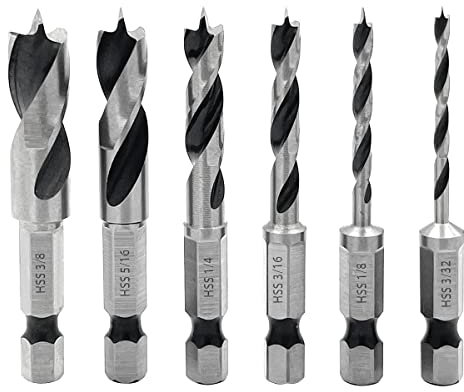Saipor 6 Stück Stubby Bohrer Set 1/4 Zoll Sechskantschaft Kurzer Bohrer Holzspiralbohrer HSS 4241 Schnellwechsel-Bit-Set Holzbohrer Bohrwerkzeug für Rechtwinklige Bohrer, Einsatz in engen Räumen