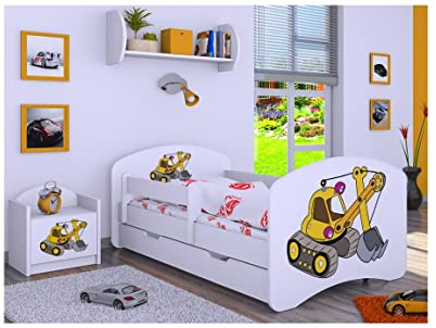 BDW Kinderbett mit Matratze und Bettkasten - NEU, 140/160/180/190 Verschiedene Motive Für Junge Weiß (Bagger, 180x90)