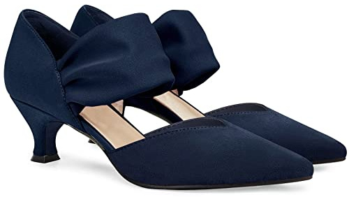 Coutgo Womens Low Kitten Heel Dress Shoes Pointed Toe Slip on Ankle Strap Cutout Elegant Party Wedding Pumps, Navy, 5.5 UK