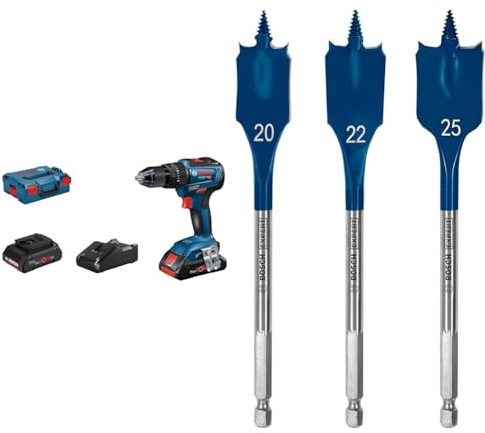 Bosch Professional Akku Schlagbohrmaschine GSB 18V-55 (2x 4,0 Ah ProCore Akku, in L-BOXX) Blau + 3x Expert SelfCut Speed Flachfräsbohrer Set (für Weichholz, Grobspanplatte, Ø 20-25 mm, Zubehör)
