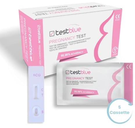 TestBlue Test de Embarazo en Formato Cassette (pack de 5) – Prueba de Embarazo de Alta Sensibilidad hCG 99,98% Precisa | Detección Temprana y Resultado Rápido | Test Fiable y Fácil de Usar en Casa