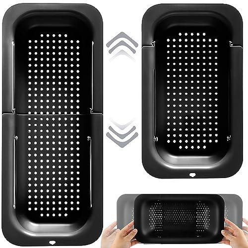 Coladora Extensible, Colador Fregadero Extensible, Cesta Filtro para Lava Verduras, Cocina Plegable Escurridor Alimentos, Extraíble Colador Pasta, para Cocina, Lavar Verduras, Frutas, Negra