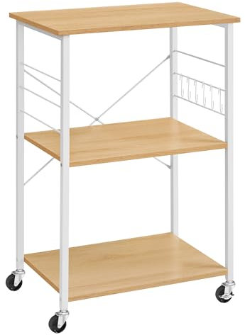 VASAGLE Kitchen Shelf on Wheels, Serving Trolley with 3 Shelves, Microwave Shelf, for Mini Oven, Toaster, with 6 Hooks, Industrial Style, Golden Oak and Cloud White KKS060Y09