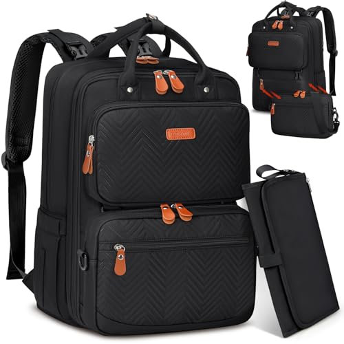 RAINSMORE Wickeltasche Rucksack Groß Baby Wickelrucksack mit Wickelunterlage Kinderwagenhaken Abnehmbare Cross Body Flasche Diaper Bag Multifunktionale Babytasche für Mama und Papa Schwarz