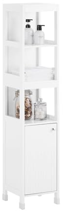 SoBuy Armario de Baño Estrecho Mueble Alto para Baño con Puerta y Estantes Ajustables Solución de Almacenaje Compacto y Funcional 30x144x30 cm BZR187-W