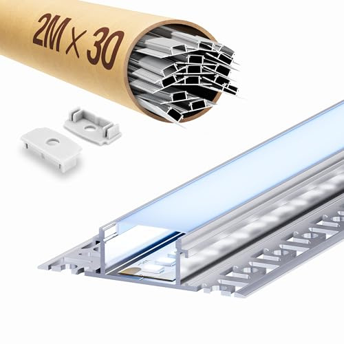 LASLUX 30 x LED-kakelprofil 2 m, LED-gipsprofil, 2 m, aluminiumprofil, skena, infälld kanal och diffusor, ytmonterad för indirekt belysning, tak