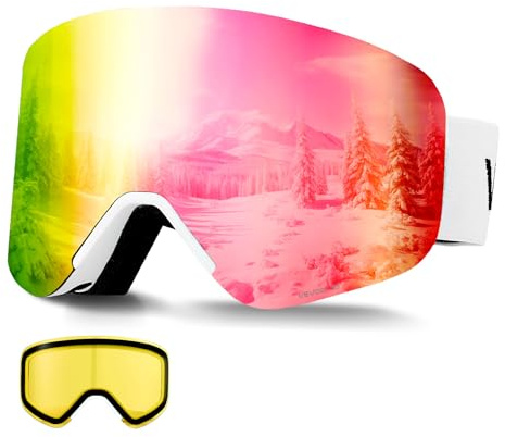VEVOR Masque de Ski Revêtement Revo Rose Masque de Snowboard OTG, avec Verres Cylindriques Magnétiques, Double Ventilation Anti-buée, Lunettes de Ski Motoneige, pour Garçons, Filles, Hommes, Femmes