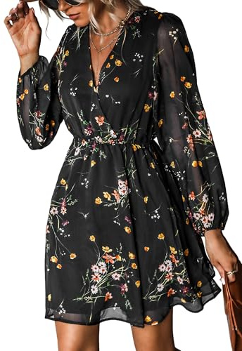 Cupshe, vestito da donna mini, casual, primaverile, con scollo a V, in chiffon, maniche lunghe alla contadina, vestito ampio primaverile, Nero/Giallo, M