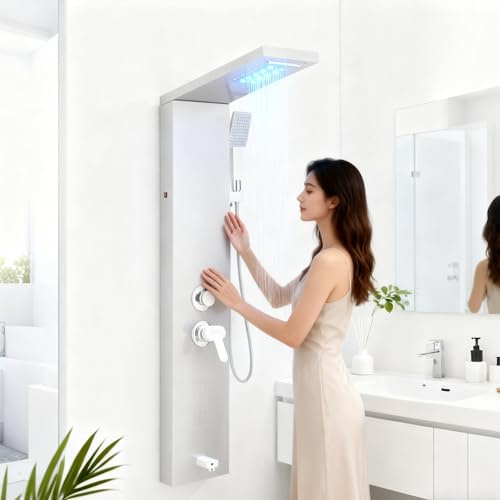 HARNART Système de Panneau de Douche avec 5 Modes,Tour de Panneau de Douche LED 2 Jets de Massage Corporel Bec de Baignoire Pomme de Douche à Main avec Tuyau 1.5 m,Ensemble de Douche,Brossée
