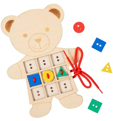 TTETTZ Lacing Card Threading, Wood Fine Motor Skills Toys, Educational Bear Button Lacings Button Lacing Toy,