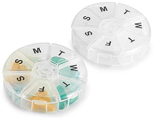 Weekly Pill Organizer - (Pack of 2) 7 Day Pills Container, Round Medicine Organizer Box, Daily Week Pill Reminder Case Travel Friendly, BPA-Free Vitamin, Supplement, Fish Oil, Medication Planner