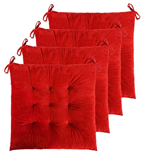 ELFJOY 4 Pack Chair Cushions for Dining Chairs Chair Pads Cushion for Kitchen Office Tufted Square Seat Cushion with Ties (16 Red Velvet)