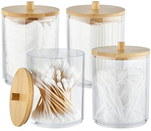 TIMESETL 4x10 Oz Cotton Swab/Ball/Pad Holder, Clear Plastic Apothecary Jar Set for Cotton Ball, Swab, Round Pads, Floss, Cotton Bud Holder, Clear Plastic Jars with Lids