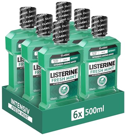 LISTERINE Fresh Mint (6 x 500 ml), enjuague bucal antibacteriano con aceites esenciales para un aliento fresco