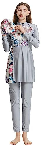 REZELADA Muslim Swimsuits for Women Plus Size Modest Islamic Swimwear Burkini Full Cover Hijab Top Pants 3PCS Fat Bathing Suits (灰色,M)