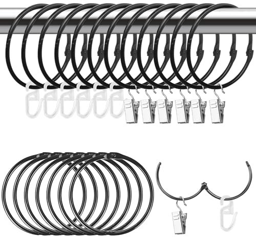 HavaCue 20 Stück 50 mm Gardinenringe mit Clips, Gardinen Klammern mit Haken Set Vorhangringe Metall Duschvorhangringe Edelstahl Gardinenringe für Vorhänge und Gardinenstangen (Schwarz)