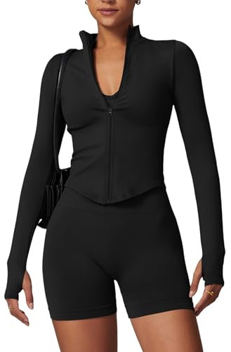 Odizli Sport Oberteile Damen Langarm Jacke Top Eng Langarmshirt Sportshirt Laufshirt Sportoberteil Sportjacke Laufjacke Frauen Gym Fitness Workout Yoga Kleidung Sportbekleidung Activewear Schwarz S