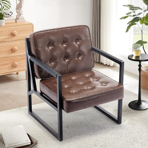 COLAMY Ohrensessel Sessel Wohnzimmer, Leder Accent Chair, Mid Century Modern Kunstleder Empfangssessel mit Metallbeinen für Wohnzimmer Schlafzimmer Empfangsraum Wartezimmer, Braun
