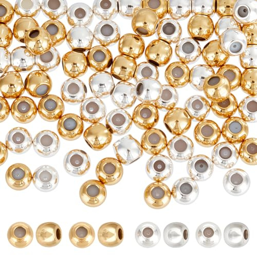 CRAFTYMELODY 80 cuentas de latón de 2 colros con interior de goma chapadas en oro de 18 quilates, cuentas deslizantes de plata de ley 925 de 4 mm, espaciadores redondos sueltos para pulseras, collares