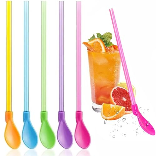 Slush Straws, 12 Pieces 2 in 1 Colored Straw Spoon, 9.3 Inch Plastic Reusable Straws, for Smoothies Milkshakes Coffee Cocktail