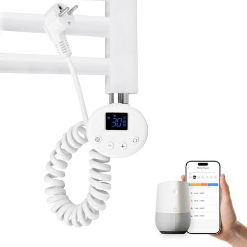 EMKE Heizstab für Badheizkörper 1200W, Smart WiFi Heizstab mit APP Steuerung, Thermostat und Temperaturregler, Heizpatrone aus Edelstahl für Handtuchheizkörper Elektrisch Weiß