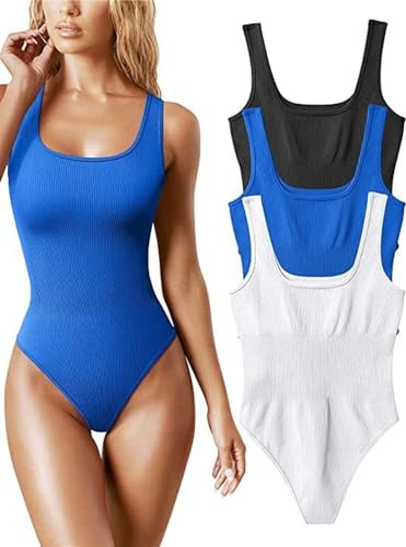 JXHSWDG 3-delade bodysuits för damer Sexiga ribbade fyrkantiga halsringade ärmlösa linnetrosor Thong Body, T-shirt Shapewear Bodysuits