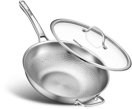 VEDNHOL Titanium Wok Pan,13in Pure Titanium Hammered Pro pans, Non Stick Skillet for Cooking, Non-Toxic, PFAS/PFOA/PTFE Free Cookware, Dishwasher&Oven Safe, Kitchen Induction Compatible