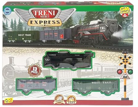 Treni Merci Express Set Trenino Giocattolo con Luci e Suoni, 13 Pezzi con Binari 67,5 cm, Locomotiva a Batteria West Train