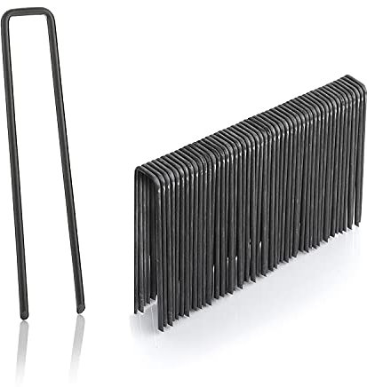 GardenMate Pack of 100 x 4''/100mm U-shaped multi-purpose steel Garden Securing Pegs - Ideal for securing weed fabric landscape fabric netting ground sheets and fleece - Made of 2.9mm steel wire
