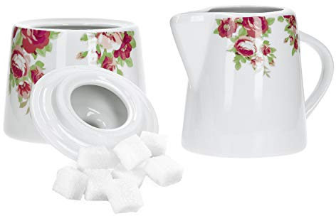Van Well Zucker- & Milch-Set Rosentraum 2-TLG I Milchkännchen 220ml & Zuckerdose 300ml aus Porzellan I Porzellan-Geschirr Milch und Zucker I Tafelzubehör Servier-Kännchen & Zuckerspender