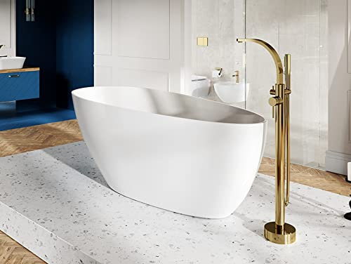 ECOLAM exklusive freistehende Badewanne Standbadewanne moderne stabile Wanne freistehend Goya + Ablaufgarnitur Click Clack Design Mineralguss 142x62 cm / 160x70 cm glamour weiß (142x62 cm)