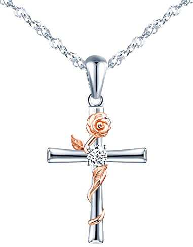 INFINIONLY Collier croix pour femmes et filles, Collier en argent 925, Pendentif croix en argent entrelacées de fleurs en or rose, Procédé unique de galvanoplastie couleur, orné zircon, élégant