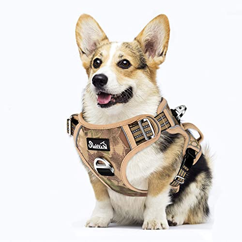 Eyein Hundegeschirr für Mittelgroßer Hunde, Anti Zug Brustgeschirr mit 2 Leinenclips und leicht zu bedienendem Griff, Verstellbare und reflektierende Gepolstert Geschirr für Spaziergänge (Tarngelb, M)