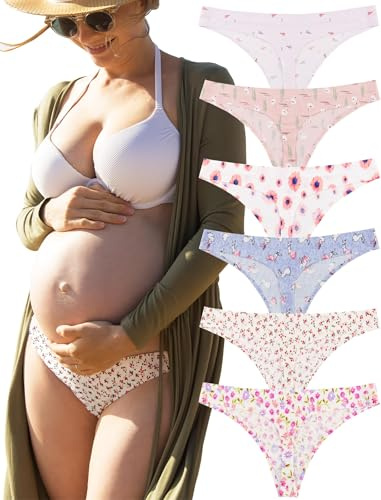 KUKU PANDA No Show Thongs for Women Ladies Comfortable Maternity Panties Seamless Underwear Set Athletic Workout Variety Pack (Cute & Pink, Medium)
