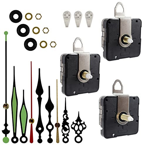 Bomtop 3 Pièces Quartz Silencieux Mécanisme de Mouvement d'Horloge avec 3 Paires différentes Horloge Aiguilles, Mécanisme Horloge à pile Horloge Murale Aiguilles Mecanisme Pendule, Plastique, Noire