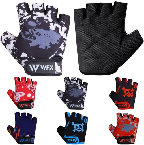 WFX Kids Cycling Gloves Short Half Finger Fingerless Gloves Padded Fastened Children Kid BMX Bike Safety Hand Protect Cycling Climbing Weight Lifting Workout Bicycle Gloves (Grey Camo, L)