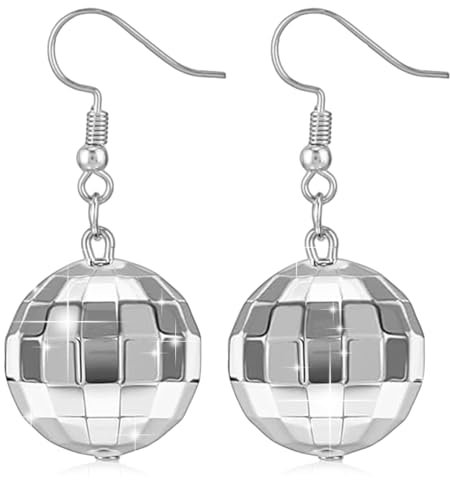 Mabor Disco Ball Earrings for Women 70s Mirrorball Earrings Silver Ball Earrings Women Disco Accessories Dangle Earring Vintage Earrings for Dance Party Disco Party Costume Accessories
