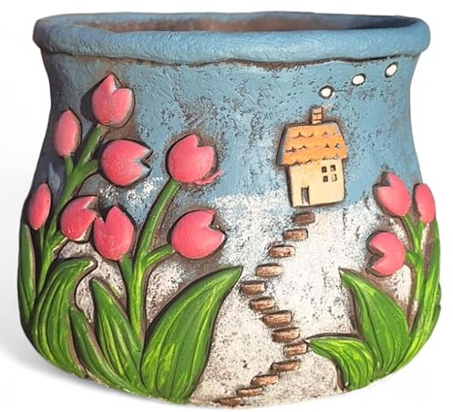 TIN DREAMS FACTORY | Maceta Casa de Tulipanes - Macetero Decorativo de Hormigón Pintado a Mano - Tiesto para Plantas y Flores - Interior y Exterior - Terraza, Patio, Jardín