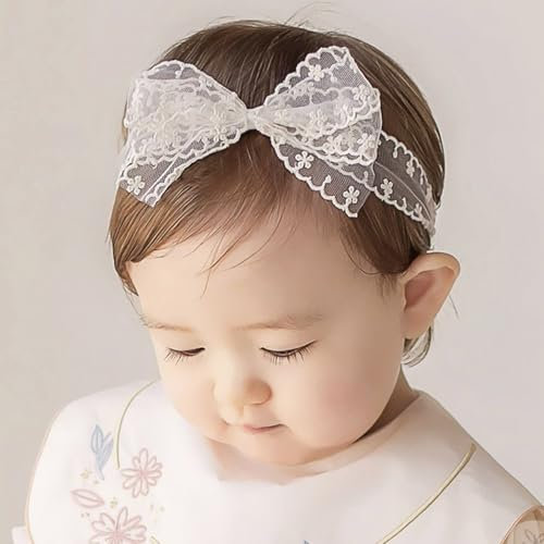 Baby Mädchen Stirnbänder Weiß Dehnbare Stirnband Doppelspitze Spitzebowknot-Haarband Weich Baby Hairband Neugeboren Haarschmuck Babygeschenke für Neugeborene（Kleine Blumenschleife）