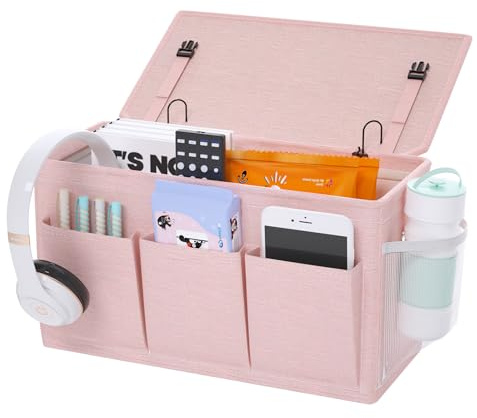 Edudif Dual-purpose Bedside Caddy Bedside Organizer, Bed Caddy with 6 Pockets, Versatile Bedside Storage Solution Magazine Remotes holder, ideal for Home, Dorm, Hospital, Crib Bed (Pink)