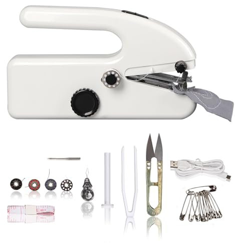 Mini Nähmaschine, Tragbare Handnähmaschine, Elektrische Nähmaschine Anfänger für Kleidung, Vorhänge, Puppen und Diy, Einfache Handhabung, Zwei Leistungsmodi, Weiß
