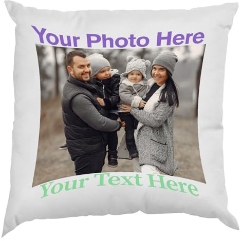 Excudo Trade LTD Personalised Cushion with Custom Photo, Name or Text – Soft Decorative Pillow for Sofa, Square Throw Cushion Cover with Insert for Her, Him or Couple - 2 Side Print