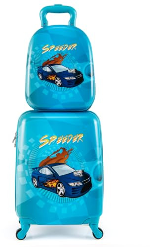 COSTWAY 2 teiliger Kinderkoffer+ Rucksack, 13” + 17” Kindertrolley, Kindergepäck mit höhenverstellbarer Griff, Kinder Reisekoffer Flugzeug, Hartschalenkoffer für Jungen & Mädchen (Auto)