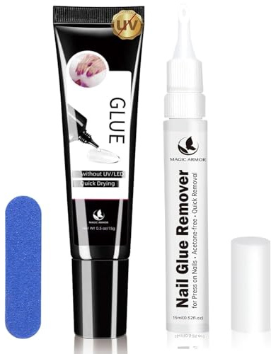 MAGIC ARMOR Nagellim Gel UV fri och nagellimborttagare för press-on-limnaglar 15 g, med borttagningslim 15 ml, snabbtorkande för långvariga konstgjorda naglar