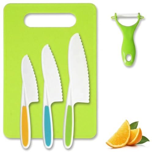 BAHME 5 Pcs Coltelli di Sicurezza per Bambini, Set di Coltello da Cucina per Bambini, Utensili da Cucina Montessori Incluso Pelapatate e Tagliere, per Tagliare e Cuocere Frutta o Verdura per Piccoli