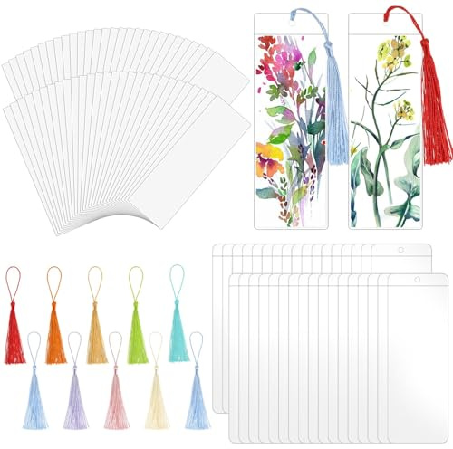 Set de marque-pages vierges, 60 marque-pages en papier à décorer avec 60 pompons colorés, incluant 60 pochettes transparentes pour marque-pages, pour l'école, projets créatifs, artisanat DIY