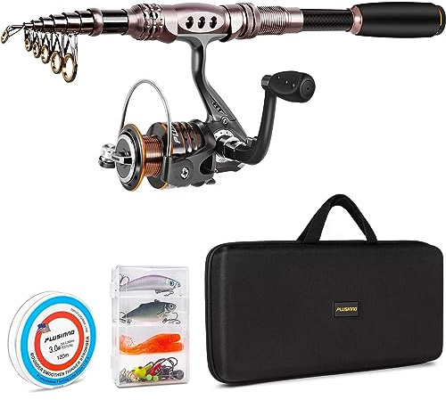 PLUSINNO Combo de caña giratoria y Carrete, caña de Pescar telescópica con Carrete de línea, señuelos, Ganchos, Bolsa de Transporte de Pesca y Accesorios, Organizador de Equipo de Pesca (Organizador