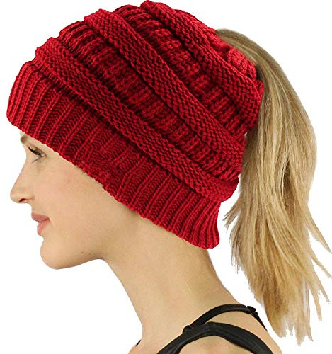 Malaxlx Red Ponytail Beanie Hat for Women Knit Winter Hat with Messy Bun Hair Hole for Cold Weather
