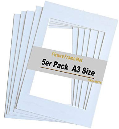 TUKA 5x Paspartú, DIN A3 Tamaño Exterior, Tamaño Abierto de los Paspartús: 20,8x29,5cm. Blanco, Marco de Papel Paspartú para Enmarcar Imágenes, Fotos, Carteles, Impresiones Artísticas, TKD9100-A3-5x