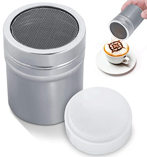 Agitatore per Zucchero in Polvere con Coperchio,Farina Setaccio per Caffè al Cioccolato,Spargi Cacao in Polvere in Acciaio Inox,Spargi Zucchero a Velo,Agitatori per Sale e Pepe,Dispenser Cacao(S)